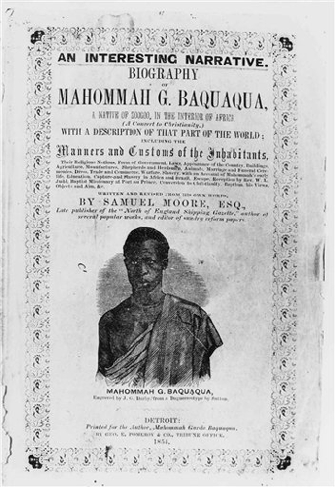 This photo courtesy of Bruno Veras shows an image of Mahommah Gardo Baquaqua on the book cover of Baquaqua's auto-biography published in 1854 and titled, "Biography of Mahommah G. Baquaqua," Taken from Africa and sold into slavery in Brazil, Baquaquaís tale of escape to freedom in New York is the only known story of its kind, an in-depth, firsthand account of slavery in the South America country. But few in Brazil are aware of Baquaquaís biography which, 160 years after it was written, is being published in Portuguese for the first time as momentum builds for the country to examine its complex racial past. (Courtesy of Bruno Veras via AP Photo)